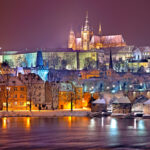 Prague castle district lit up at night