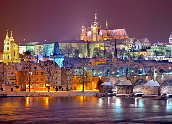 Prague castle district lit up at night